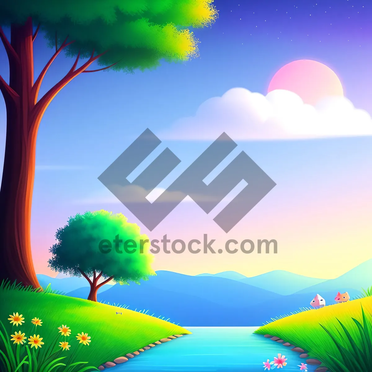 Picture of Vibrant Summer Sky: Artistic Tree Design in Serene Landscape