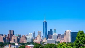 City skyline with modern skyscrapers and river view.