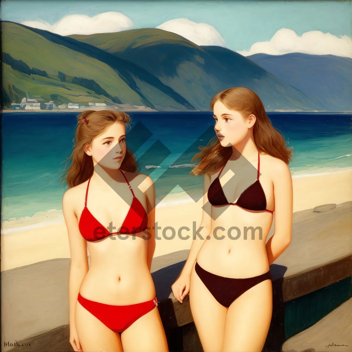 Picture of Summer beach fashion model in bikini relaxing by water.