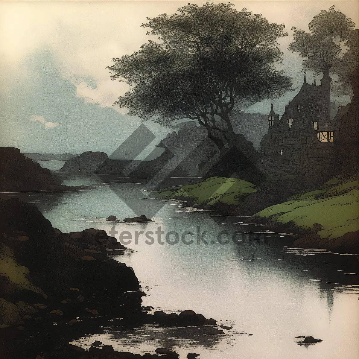Picture of Serene Beachscape with Coastal Waters and Lush Trees