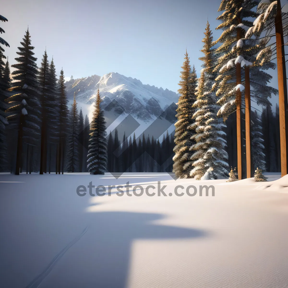 Picture of Snowy Winter Forest Landscape with Majestic Mountains
