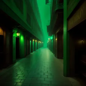 Illuminated urban prison hallway with architectural elements.