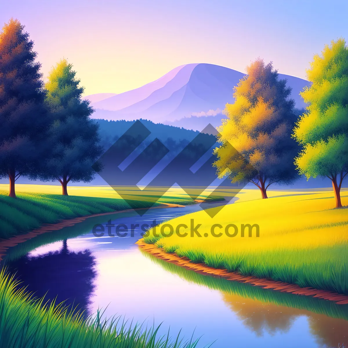 Picture of Serene Sunset over Rural Meadow and Reflective Lake