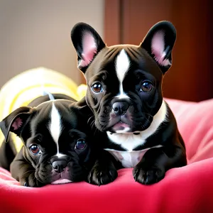 In a studio setting, a cute Bulldog puppy with endearing wrinkles sits with undeniable charm