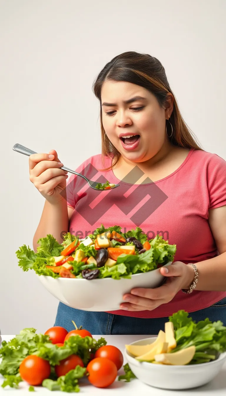 Picture of Happy person eating fresh vegetable salad at home