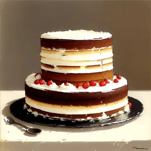 Delicious fruit cake with creamy frosting and chocolate