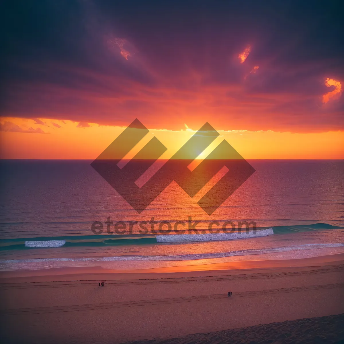 Picture of Golden-Hued Sunset Over Beach and Ocean