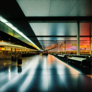 Modern city subway station at night with lights and motion.