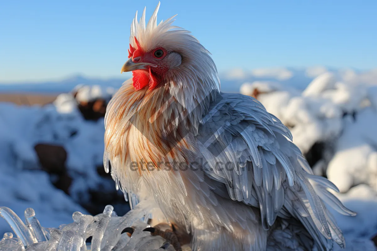 Picture of Feathered rooster on farm wading bird.