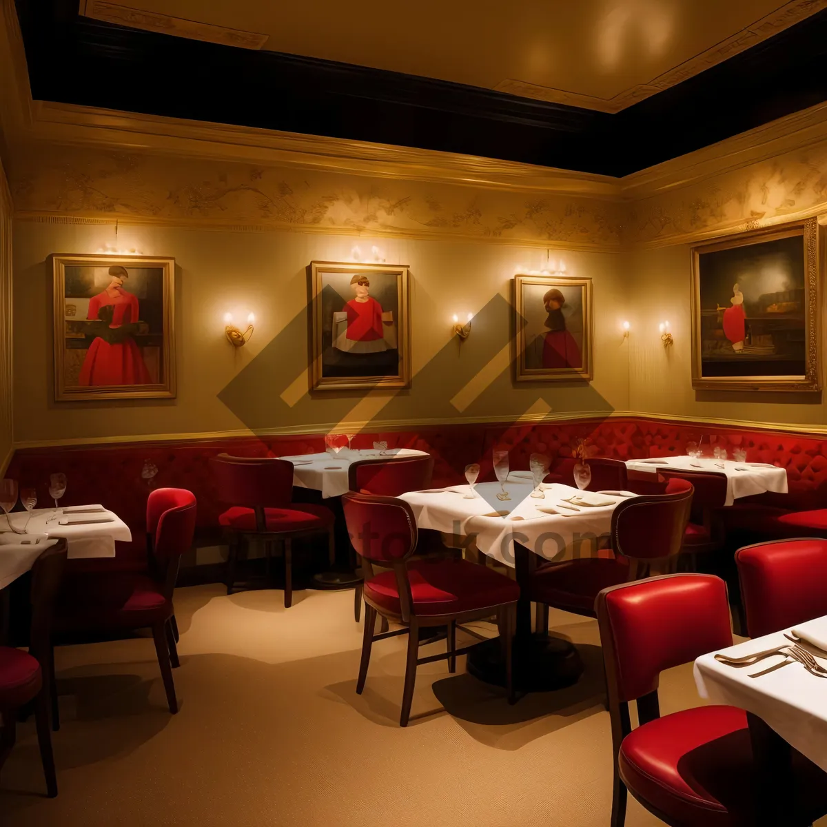 Picture of Modern luxury restaurant interior design with wooden furniture and lamps