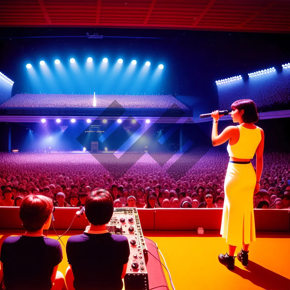 Picture of Nighttime Patriotic Concert Crowd Cheering Under Glowing Stadium Lights