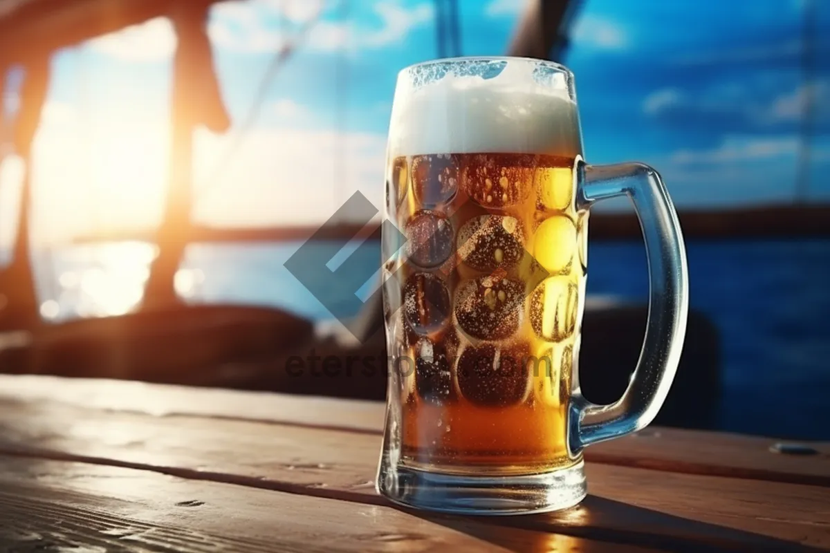 Picture of Golden beer mug closeup with frothy bubbles