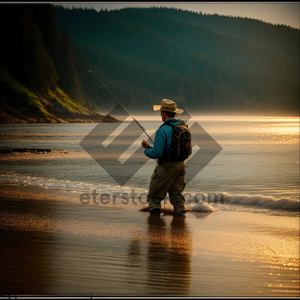 Picture of Serenity on the Shore: Silhouetted Fisherman at Sunset