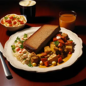 Healthy vegetable salad with grilled meat and fresh tomatoes.