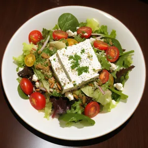 Gourmet plate of healthy vegetable salad with cheese.