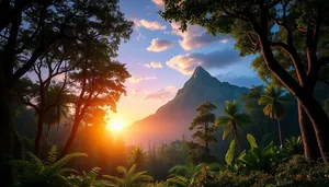 Sunset over mountain landscape with starry sky