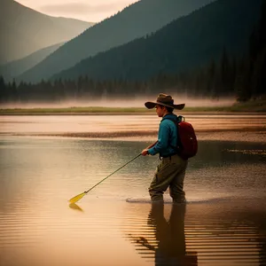 Fishing at Sunset: Man with Paddle and Rod