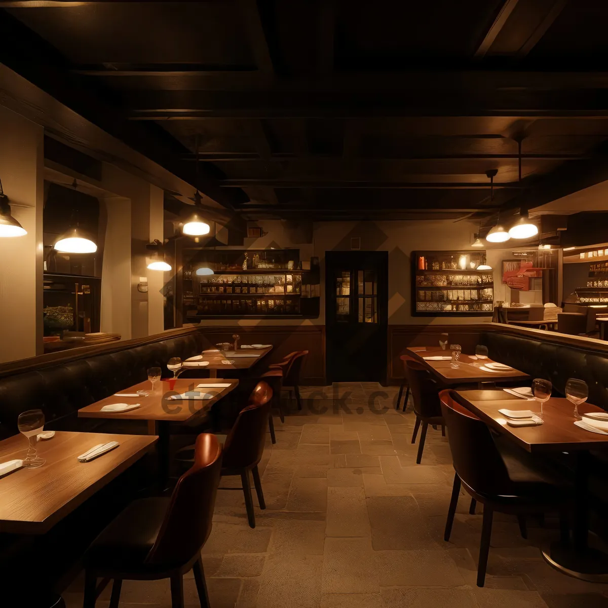 Picture of Modern interior design of a stylish restaurant dining hall.