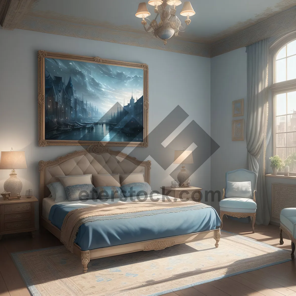 Picture of Modern Bedroom with Cozy Sofa and Stylish Lighting