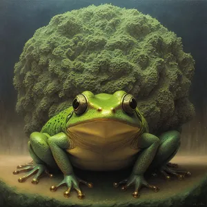 Close-eyed Green Frog Surrounded by Broccoli