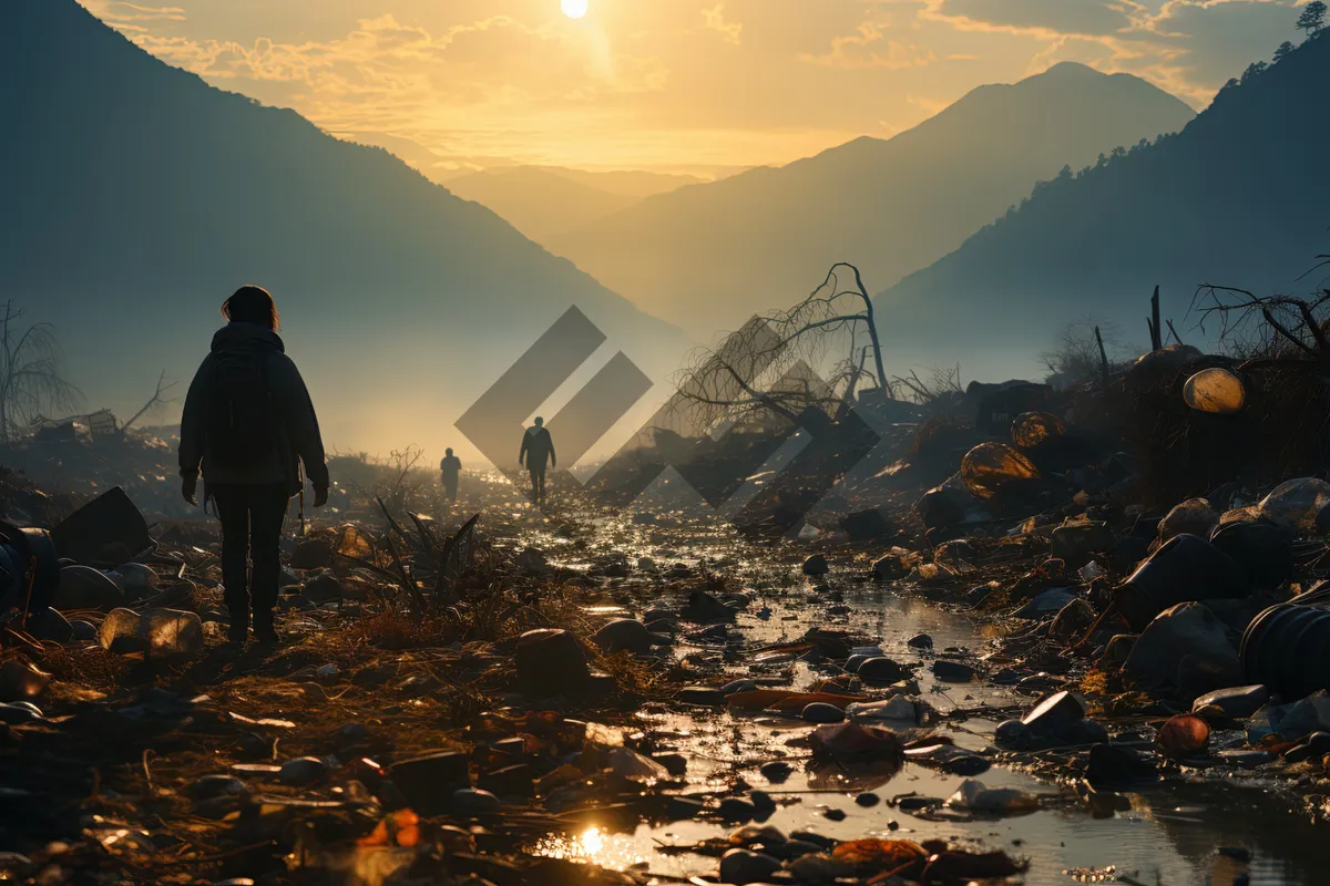 Picture of Silhouette of Tent Against Mountain Landscape at Sunset.