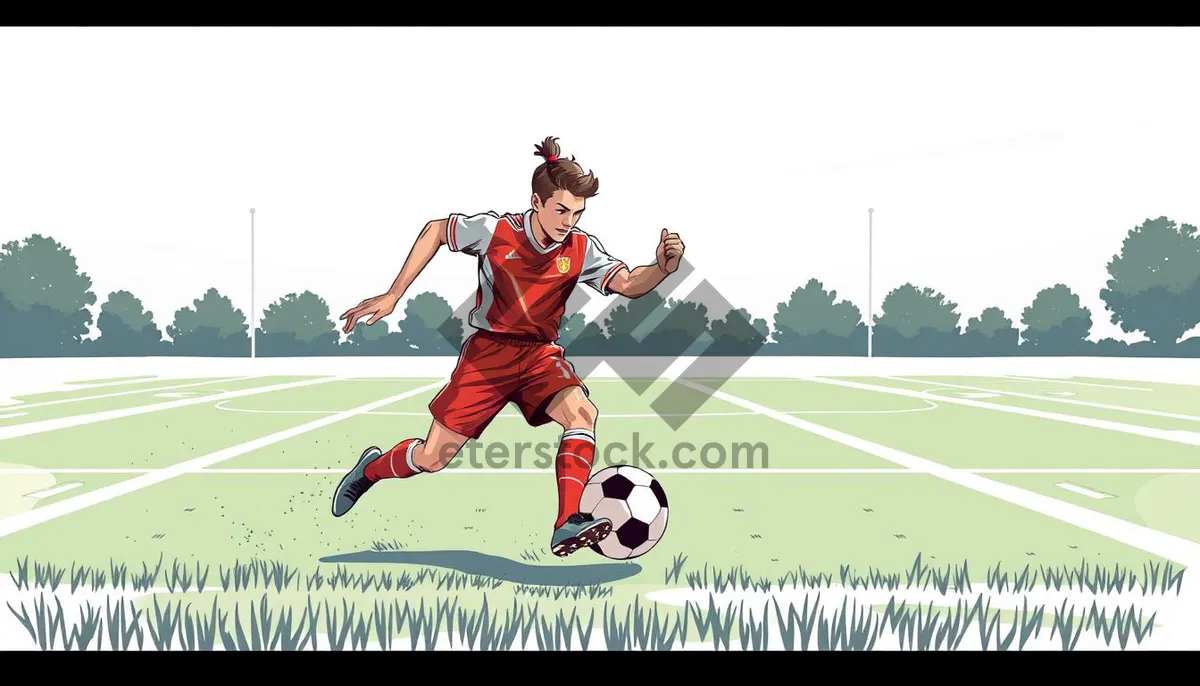 Picture of Athletic man playing soccer outdoors on grass field.