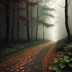 Breathtaking Autumn Scene: Serene Path through Colorful Woods.