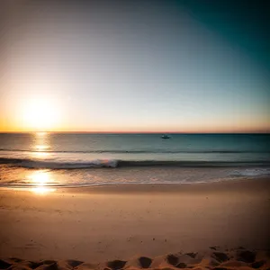 Golden Horizon: Beach Sunset Reflection on Calm Waters