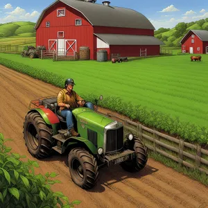 Rural Farming Scene with Old Tractor and Barn