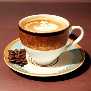 Hot coffee in black cup on breakfast table.