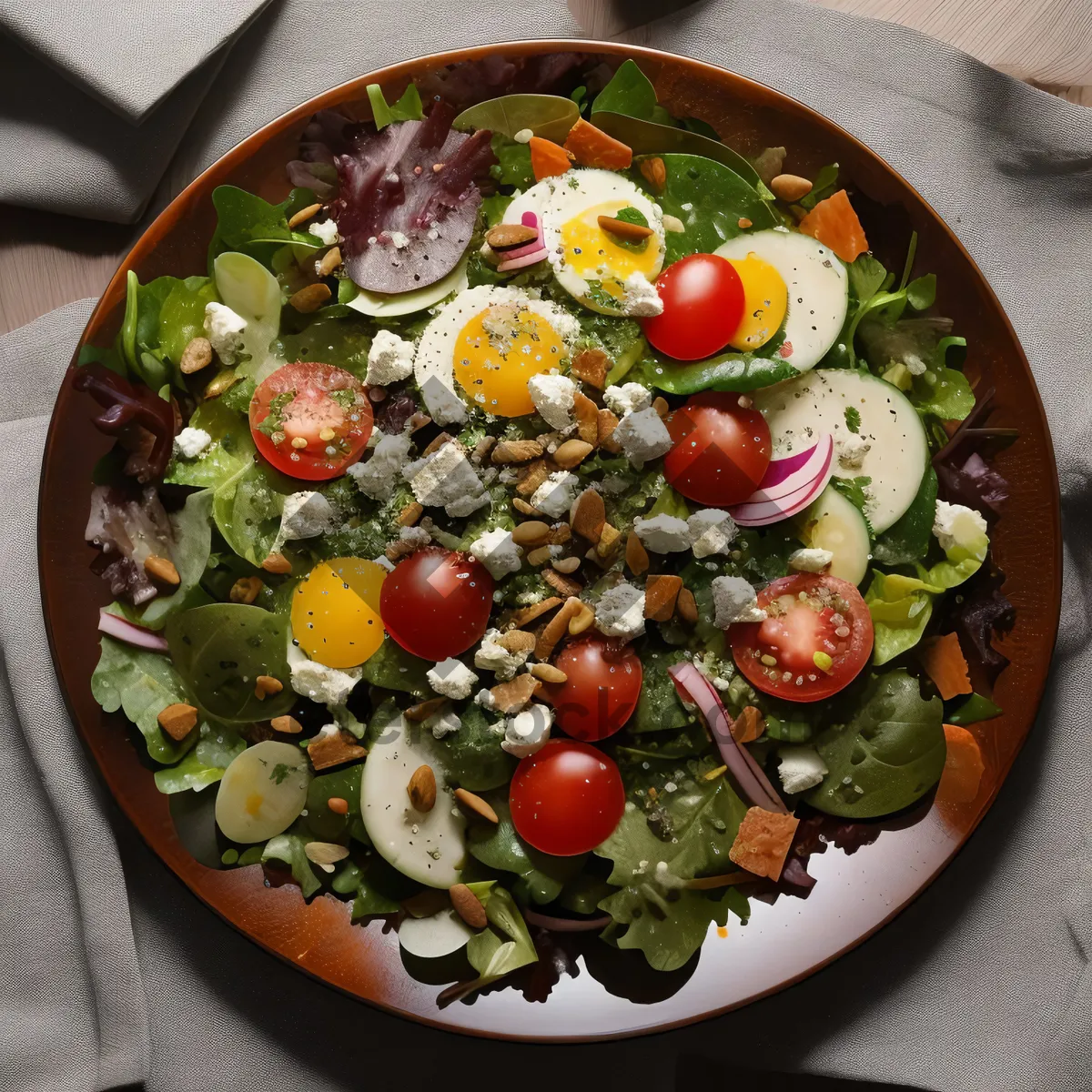 Picture of Fresh vegetable salad with cheese and olive oil dressing.