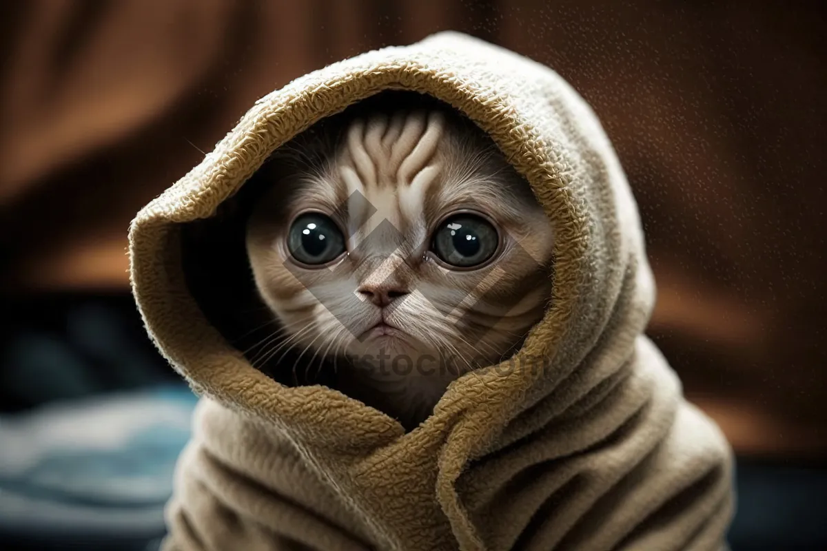 Picture of Adorable curious kitten with fluffy striped fur and whiskers.