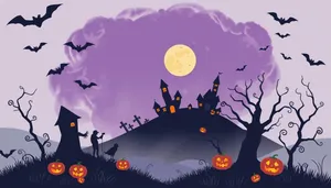 Halloween-themed silhouette cartoon of a spooky night sky