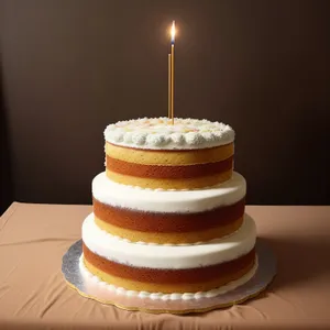 Delicious breakfast cake with cream and candle topping