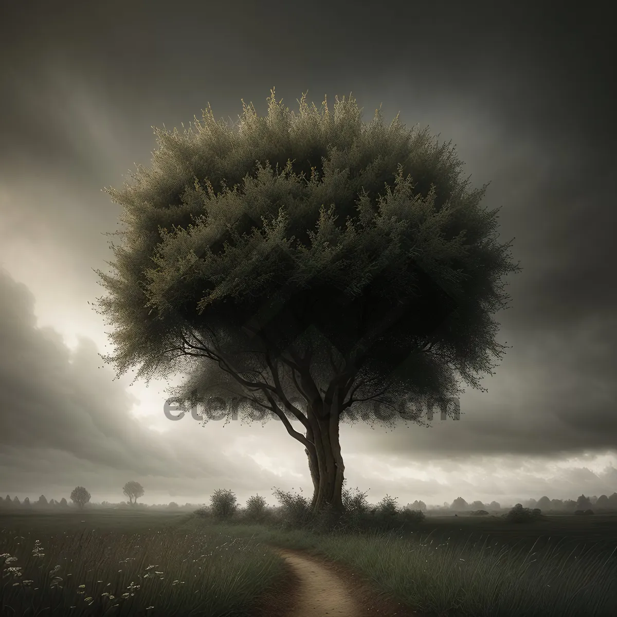 Picture of Sunlit Landscape with Tree and Dandelions