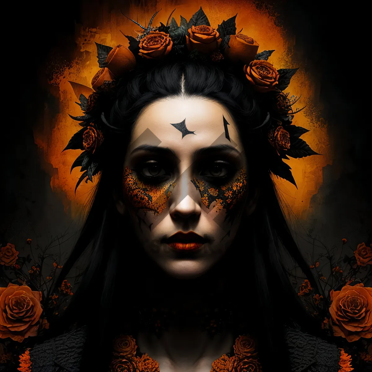 Picture of Fashion model in black sorcerer mask and sexy attire.