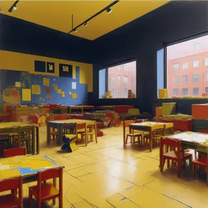 Modern cafe interior with stylish furniture and wooden accents.