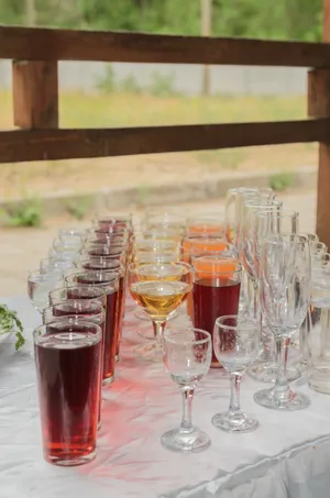 Luxury champagne glasses on restaurant table for wedding celebration.