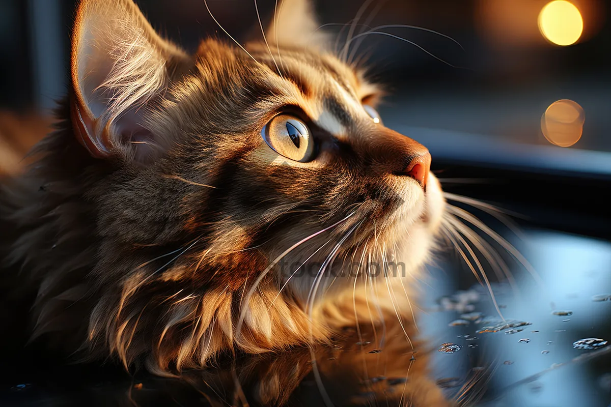 Picture of Fluffy tabby cat with curious eyes staring softly.