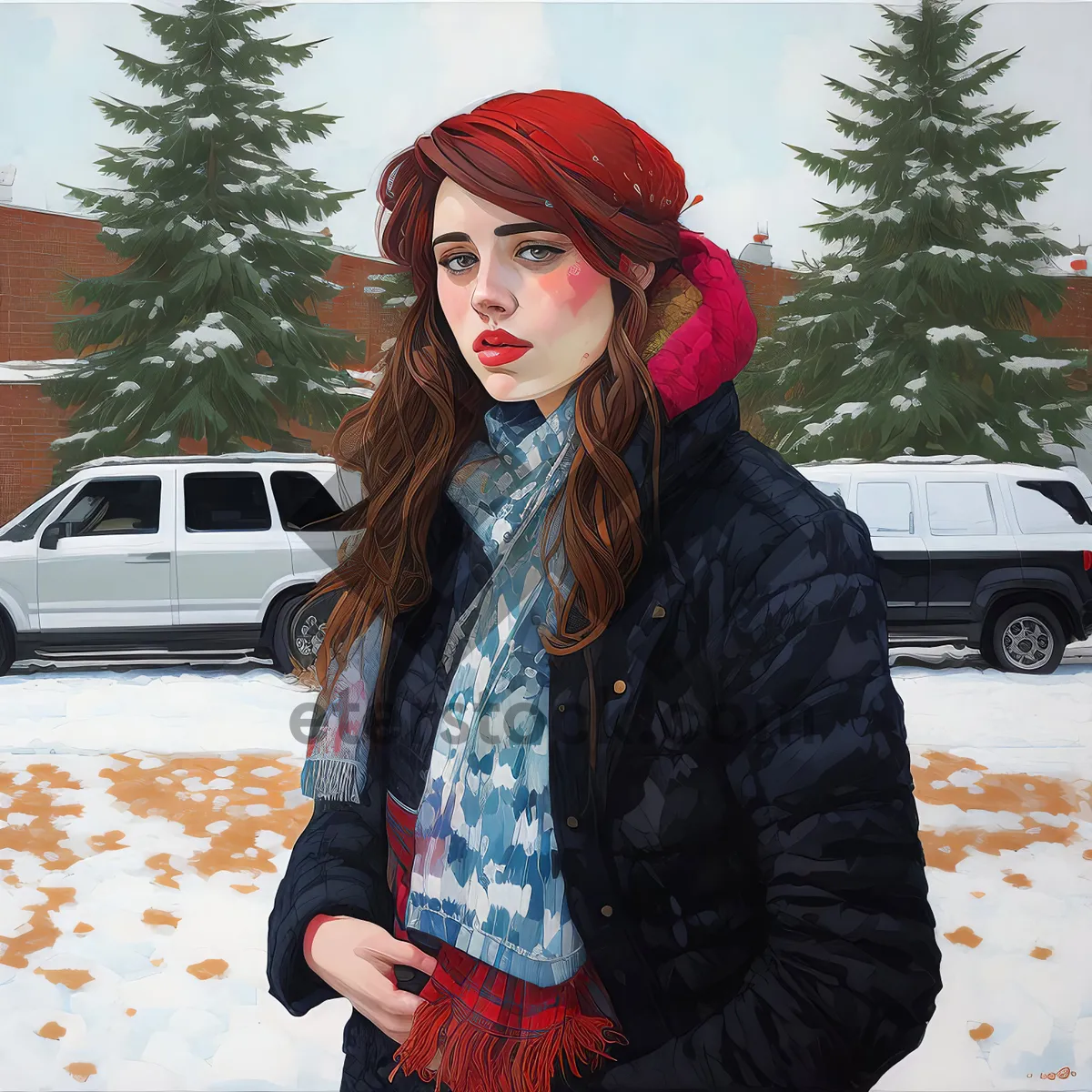 Picture of Smiling brunette fashion model with stylish scarf