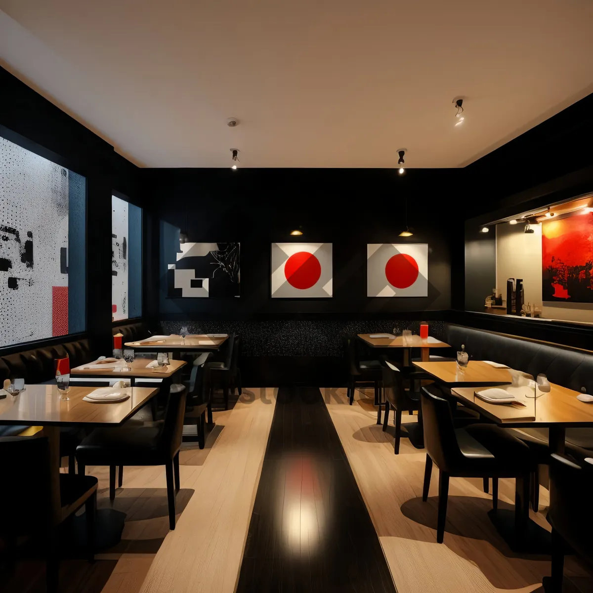 Picture of Modern luxury restaurant interior with empty chairs dining area.