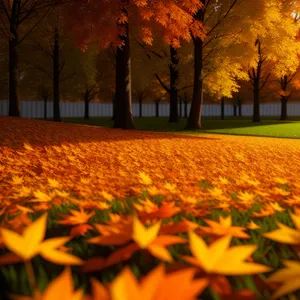 Autumn bliss: Vibrant foliage amidst pumpkin-filled landscape.