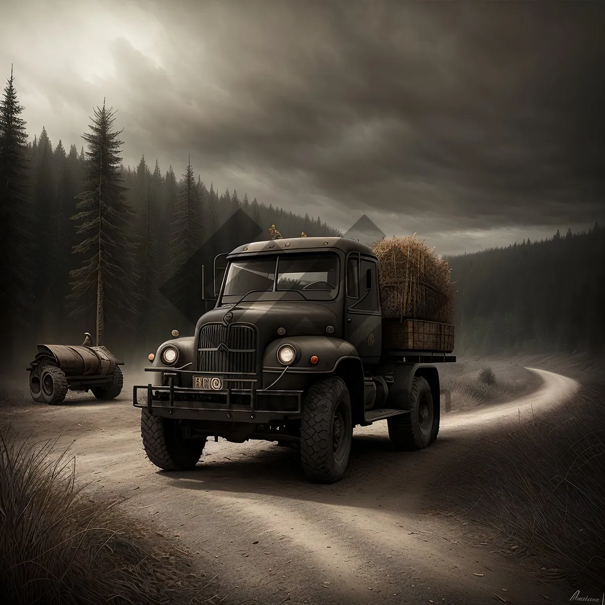 Picture of Snowplow truck clearing rural road in snowy landscape