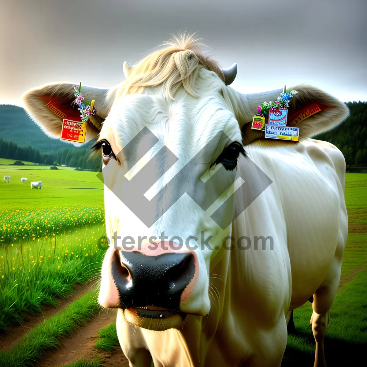 Picture of Rural Equine Grazing on Green Pasture