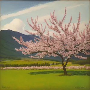 Almond tree in sunny autumn landscape