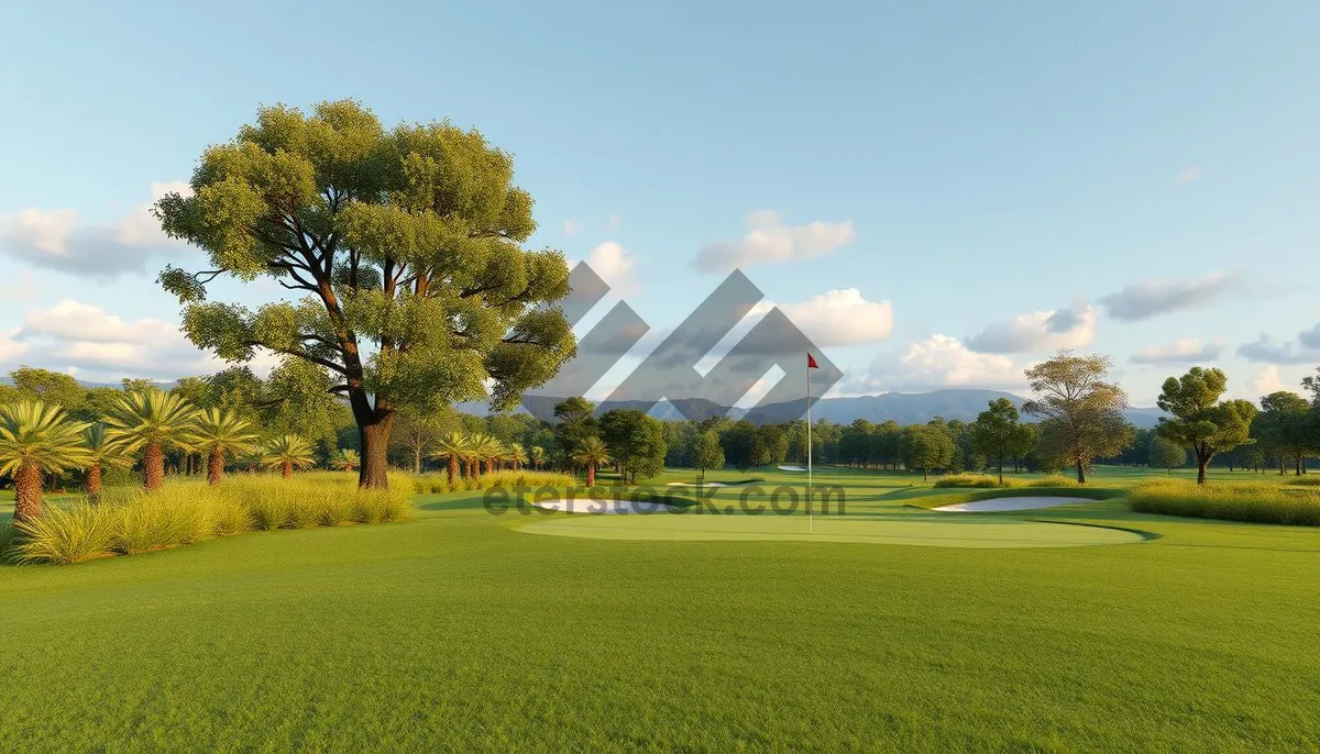 Picture of Sunny golf course with rapeseed fields and flag