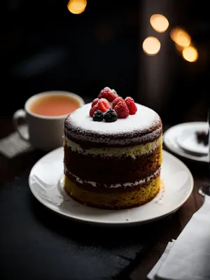 Delicious Fruit Cake with Cream and Coffee