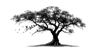 Silhouette of oak tree in forest landscape.