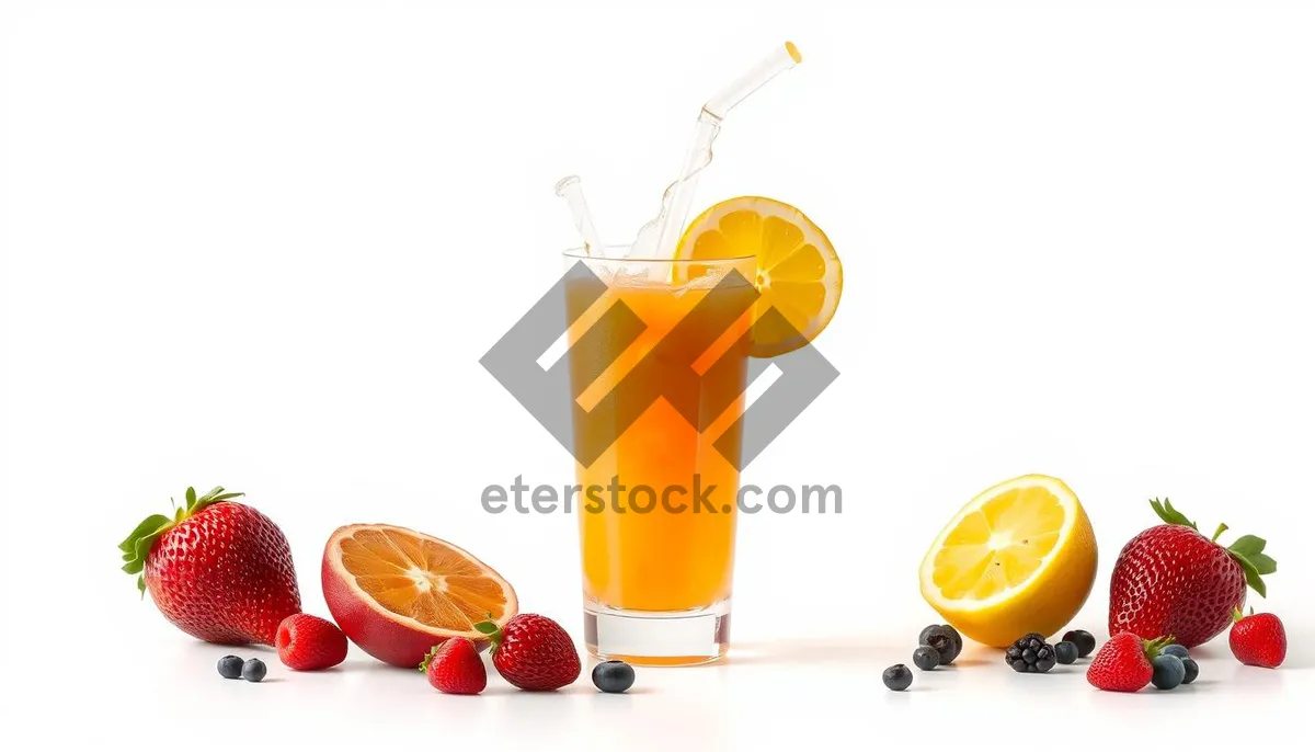 Picture of Refreshing orange juice with ice and lemon slice.