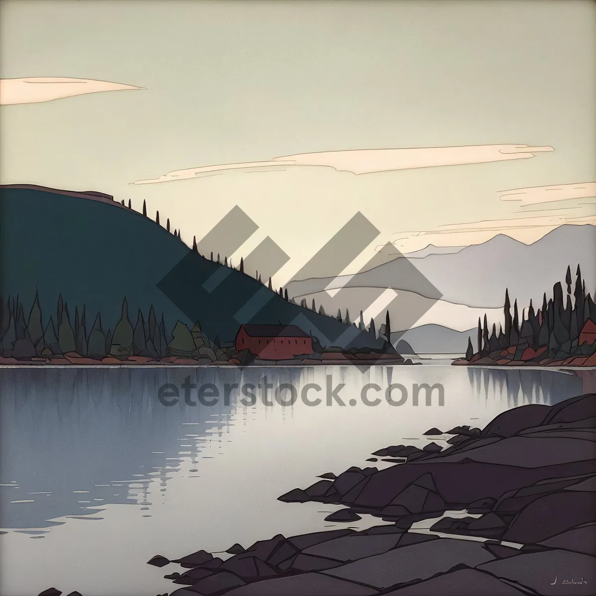 Picture of Serene Beach Waterscape with Boathouse and Mountains